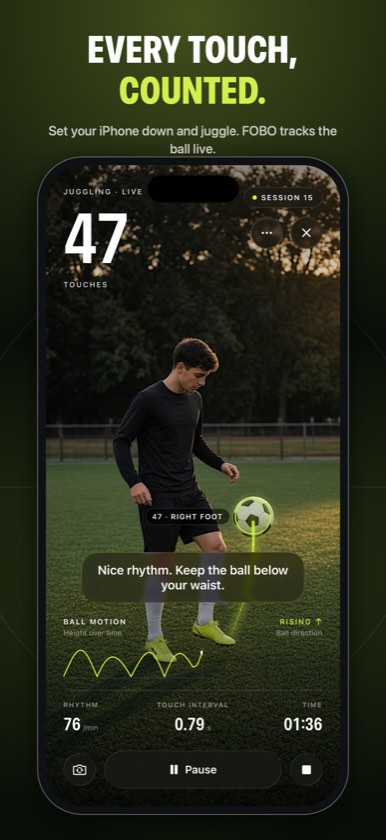 FOBO juggling screen with the headline Every touch, counted, and a live count of 47.