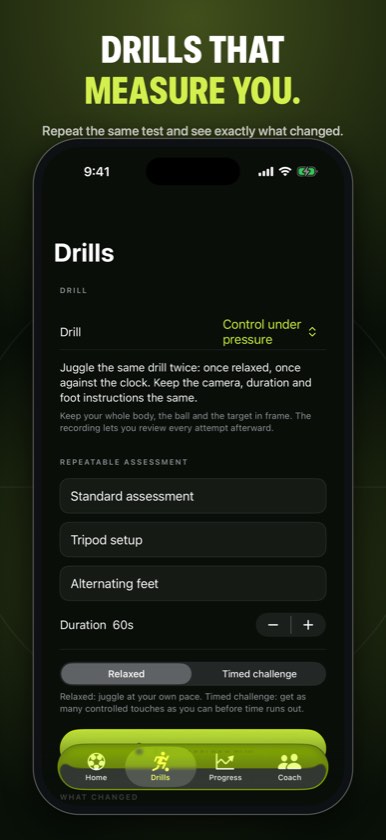 Drills that measure timed control and first touch.