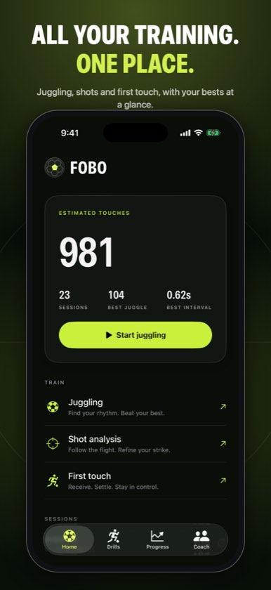 FOBO home screen with sessions and estimated touches.